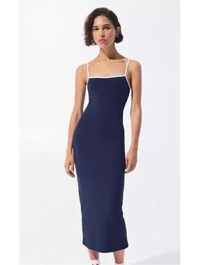 Pull&Bear Navy Midi Slip Dress with White Contrast Trim